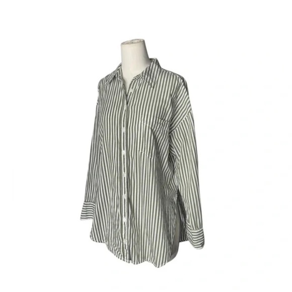 MAEVE - Oversized Classic Striped Button-Down Shirt – Olive & White - Small - Picture 3 of 9